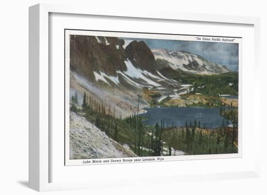 Laramie, WY - Lake Marie and Snowy Range on Union Pacific Rail-Lantern Press-Framed Art Print