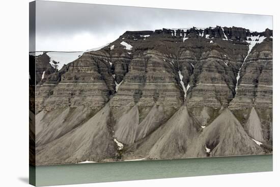 Large alluvial fans along wall of Tempelfjorden, Spitsbergen, Svalbard, Arctic-Tony Waltham-Stretched Canvas