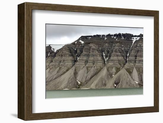 Large alluvial fans along wall of Tempelfjorden, Spitsbergen, Svalbard, Arctic-Tony Waltham-Framed Photographic Print