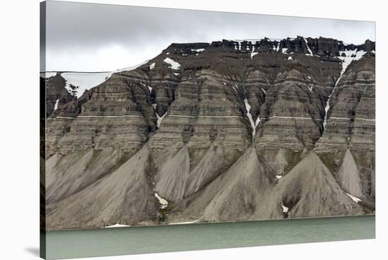 Large alluvial fans along wall of Tempelfjorden, Spitsbergen, Svalbard, Arctic-Tony Waltham-Stretched Canvas
