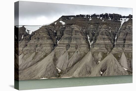Large alluvial fans along wall of Tempelfjorden, Spitsbergen, Svalbard, Arctic-Tony Waltham-Stretched Canvas