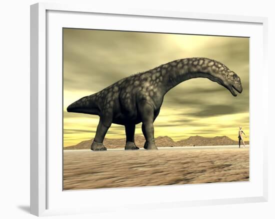 Large Argentinosaurus Dinosaur Face to Face with a Human-null-Framed Art Print