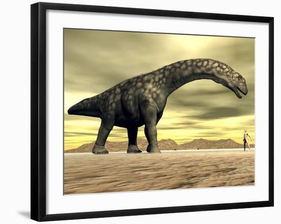 Large Argentinosaurus Dinosaur Face to Face with a Human-null-Framed Art Print