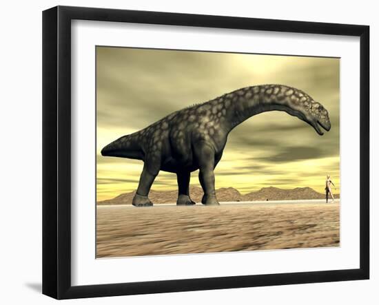 Large Argentinosaurus Dinosaur Face to Face with a Human-null-Framed Art Print