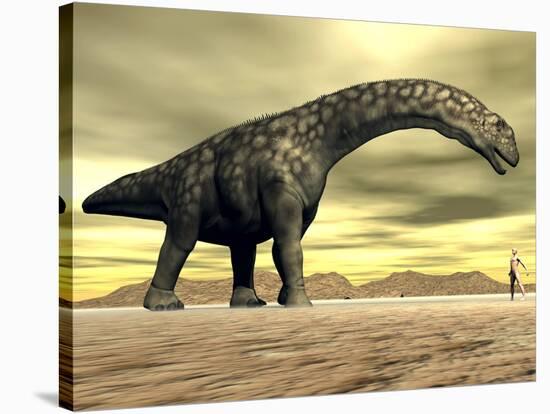 Large Argentinosaurus Dinosaur Face to Face with a Human-null-Stretched Canvas