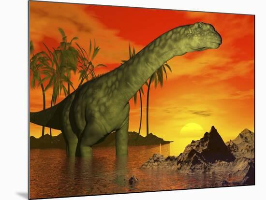 Large Argentinosaurus Dinosaur in Water at Sunset-null-Mounted Art Print