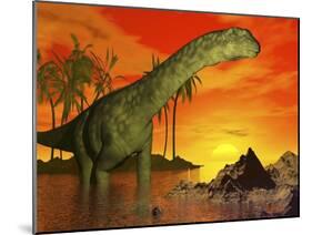 Large Argentinosaurus Dinosaur in Water at Sunset-null-Mounted Art Print