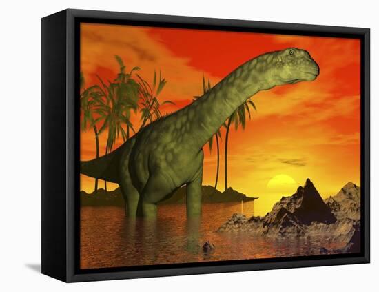 Large Argentinosaurus Dinosaur in Water at Sunset-null-Framed Stretched Canvas