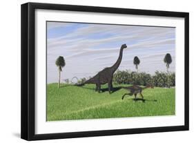 Large Brachiosaurus and a Gigantoraptor in a Grassy Field-null-Framed Art Print