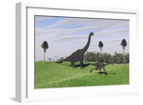 Large Brachiosaurus and a Gigantoraptor in a Grassy Field-null-Framed Art Print