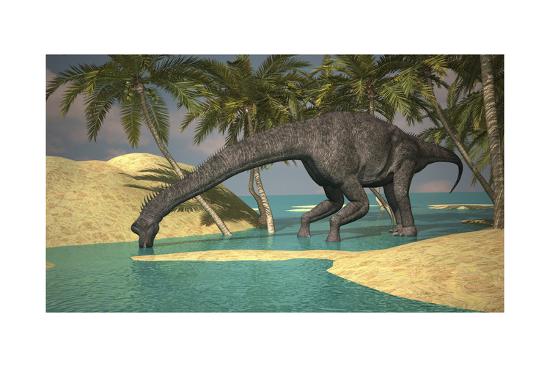 'Large Brachiosaurus Drinking Water from a Stream' Prints | AllPosters.com