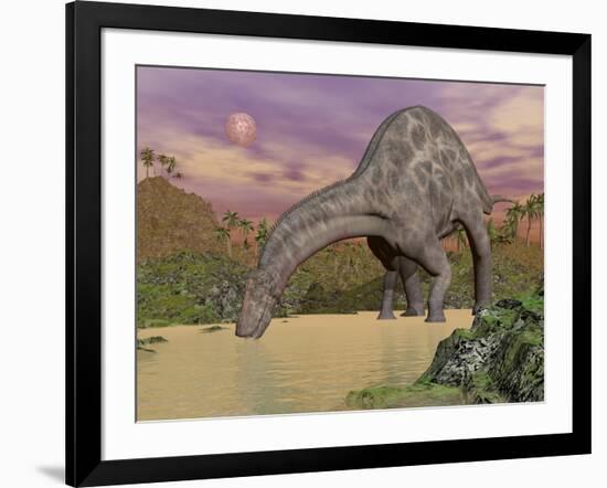 Large Dicraeosaurus Dinosaur Drinking Water-null-Framed Art Print