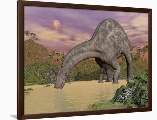 Large Dicraeosaurus Dinosaur Drinking Water-null-Framed Art Print