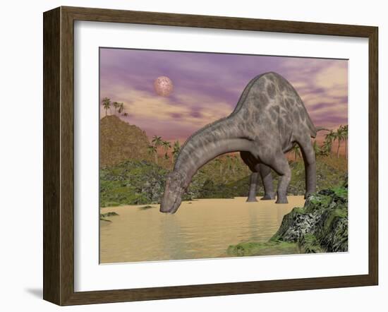 Large Dicraeosaurus Dinosaur Drinking Water-null-Framed Art Print