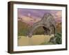 Large Dicraeosaurus Dinosaur Drinking Water-null-Framed Art Print