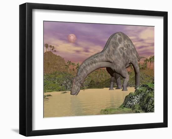 Large Dicraeosaurus Dinosaur Drinking Water-null-Framed Art Print