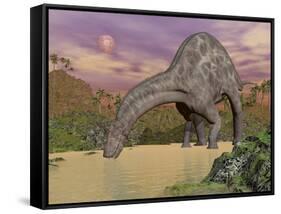 Large Dicraeosaurus Dinosaur Drinking Water-null-Framed Stretched Canvas