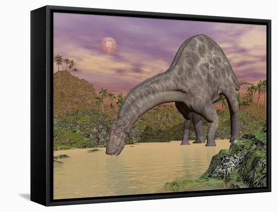 Large Dicraeosaurus Dinosaur Drinking Water-null-Framed Stretched Canvas