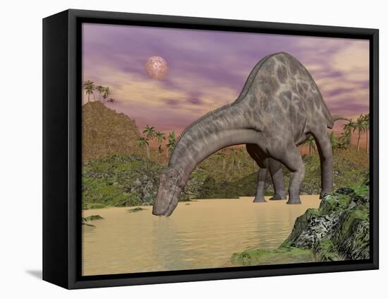 Large Dicraeosaurus Dinosaur Drinking Water-null-Framed Stretched Canvas