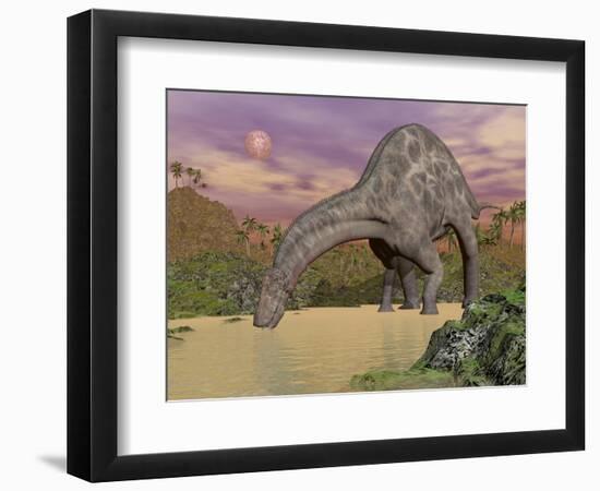 Large Dicraeosaurus Dinosaur Drinking Water-null-Framed Art Print