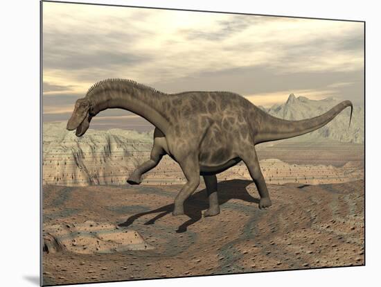 Large Dicraeosaurus Dinosaur Walking on Rocky Terrain-null-Mounted Art Print