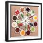 Large Health Food Selection In White Porcelain Bowls And Dishes Over Papyrus Background-marilyna-Framed Art Print