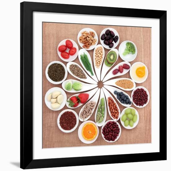 Large Health Food Selection In White Porcelain Bowls And Dishes Over Papyrus Background-marilyna-Framed Art Print