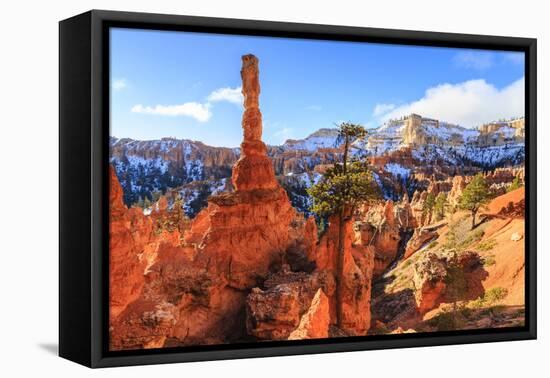 Large Hoodoo Lit by Early Morning Sun, with Snow and Pine Trees, Peekaboo Loop Trail-Eleanor Scriven-Framed Stretched Canvas