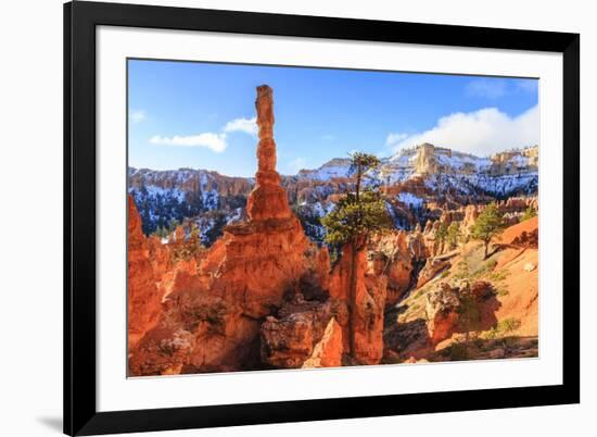 Large Hoodoo Lit by Early Morning Sun, with Snow and Pine Trees, Peekaboo Loop Trail-Eleanor Scriven-Framed Photographic Print