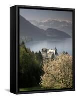 Large hotel with mountain in background, Lake Lucerne, Switzerland-Alan Klehr-Framed Stretched Canvas