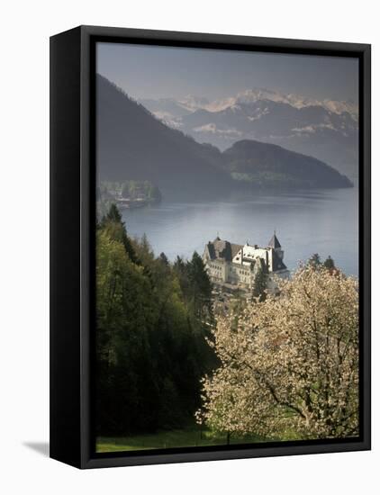 Large hotel with mountain in background, Lake Lucerne, Switzerland-Alan Klehr-Framed Stretched Canvas