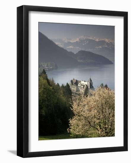 Large hotel with mountain in background, Lake Lucerne, Switzerland-Alan Klehr-Framed Photographic Print