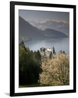 Large hotel with mountain in background, Lake Lucerne, Switzerland-Alan Klehr-Framed Photographic Print