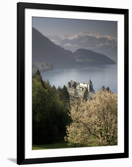 Large hotel with mountain in background, Lake Lucerne, Switzerland-Alan Klehr-Framed Photographic Print