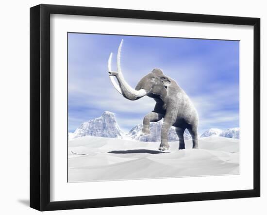 Large Mammoth Walking Slowly on the Snowy Mountain Against the Wind-null-Framed Art Print