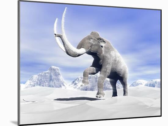 Large Mammoth Walking Slowly on the Snowy Mountain Against the Wind-null-Mounted Art Print