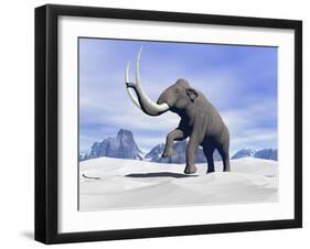 Large Mammoth Walking Slowly on the Snowy Mountain-null-Framed Art Print