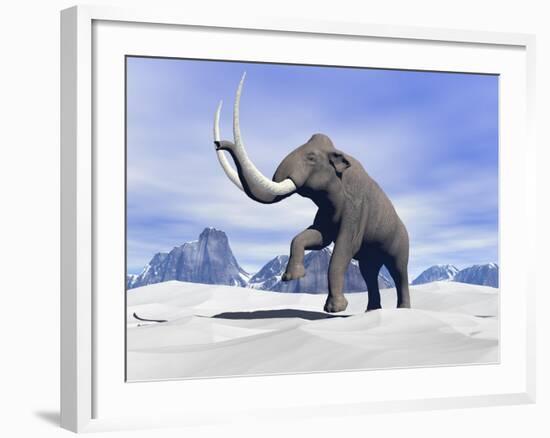 Large Mammoth Walking Slowly on the Snowy Mountain-null-Framed Art Print