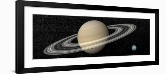 Large Planet Saturn and its Rings Next to Small Planet Earth-null-Framed Premium Giclee Print