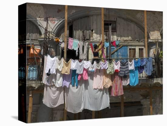 Large Quantity of Laundry Hanging from the Balcony of a Crumbling Building, Habana Vieja, Cuba-Eitan Simanor-Stretched Canvas