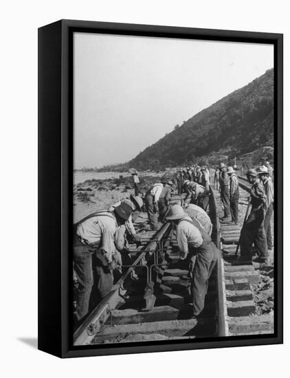 Large Railroad Crews Prying Up Track and Putting in Switch on Railroad Running Through Cajon Pass-Peter Stackpole-Framed Stretched Canvas