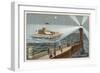 Large Ship Powered by Oars Illuminated by a Lighthouse-null-Framed Giclee Print