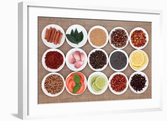 Large Spice, Herb And Food Ingredient Selection In White Porcelain Bowls Over Hessian Background-marilyna-Framed Art Print