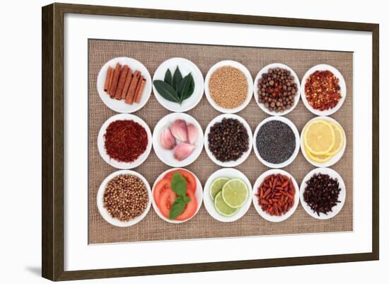 Large Spice, Herb And Food Ingredient Selection In White Porcelain Bowls Over Hessian Background-marilyna-Framed Art Print