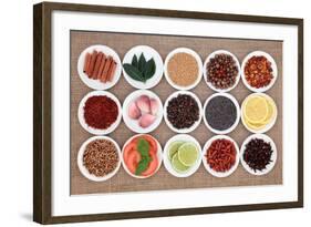 Large Spice, Herb And Food Ingredient Selection In White Porcelain Bowls Over Hessian Background-marilyna-Framed Art Print