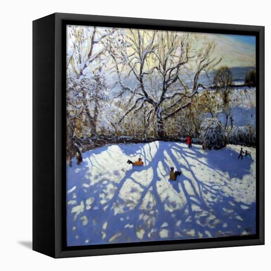 Large Tree and Tobogganers, Youlgreave, Derbyshire-Andrew Macara-Framed Stretched Canvas