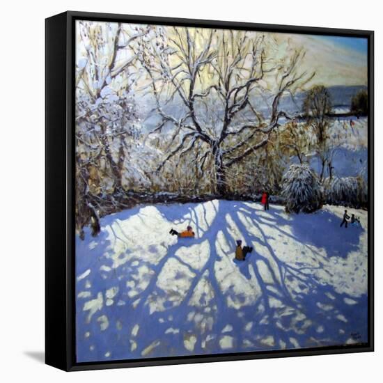 Large Tree and Tobogganers, Youlgreave, Derbyshire-Andrew Macara-Framed Stretched Canvas