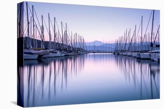 Large Yacht Harbor in Purple Sunset Light-Anna Omelchenko-Stretched Canvas