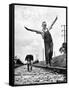 Larry Jim Holm with Dunk, His Spaniel Collie Mix, Walking Rail of Railroad Tracks in Rural Area-Myron Davis-Framed Stretched Canvas