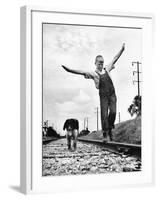 Larry Jim Holm with Dunk, His Spaniel Collie Mix, Walking Rail of Railroad Tracks in Rural Area-Myron Davis-Framed Photographic Print